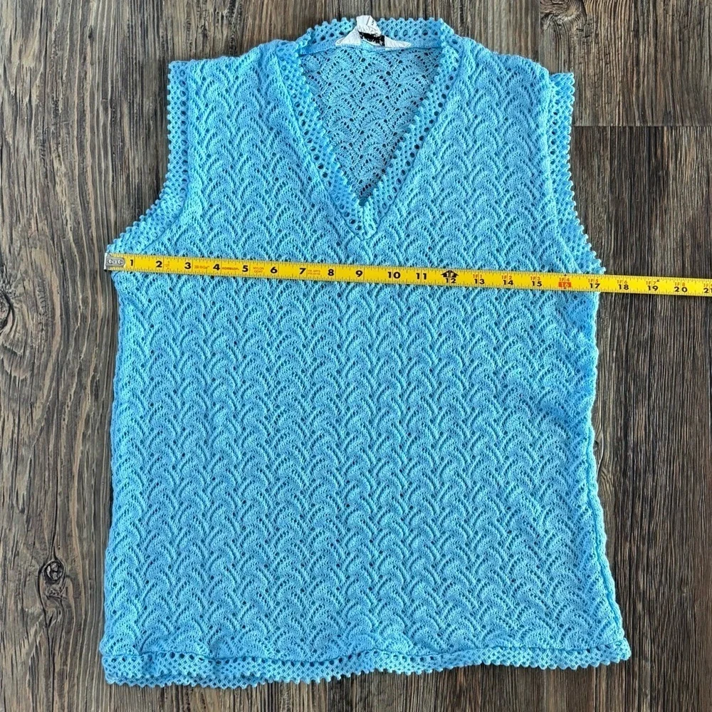 Sheer Crochet Knit Sleeveless V-Neck Shirt Tank Top Womens Lg Acrylic Baby Blue - Picture 4 of 8